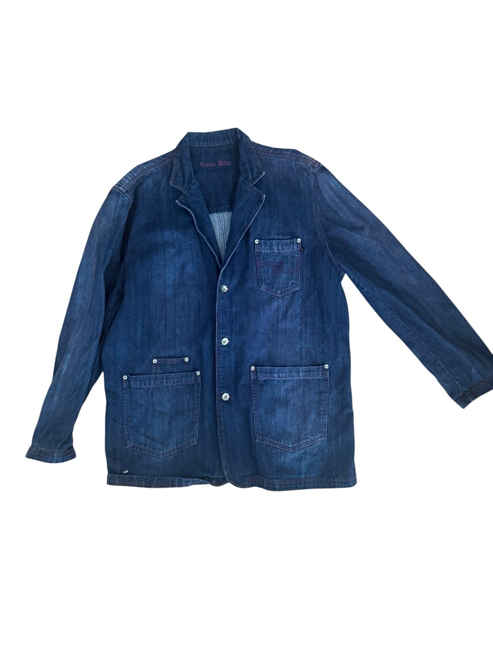 ROYAL BLUE collarless denim jacket Blazer Red Stitching Size Large